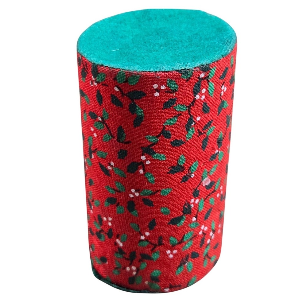 Vintage Holly Berry Fabric Cylinder Christmas Ornament Red Green 2.25"